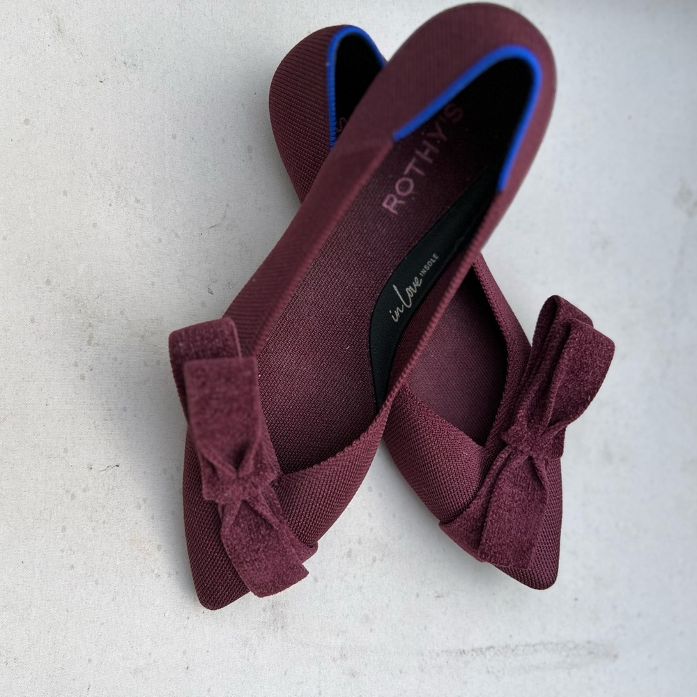 Rothy's Women's Burgundy Bow Pointed-Toe Flats with Blue Trim